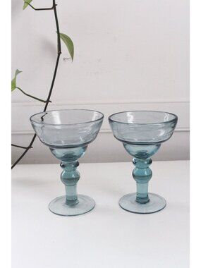 Vintage Blue Margarita Glasses Goblets Ball Bubble Stem Floral Etching - Set Of